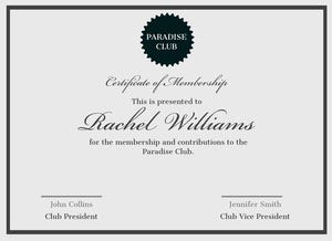 Black and Grey, Elegant Paradise Club Membership Certificate, Document Certificate of Membership