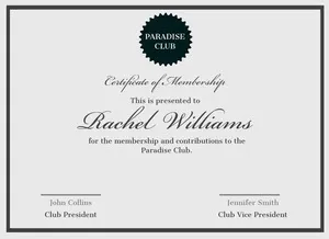 Black and Grey, Elegant Paradise Club Membership Certificate, Document Certificate of Membership