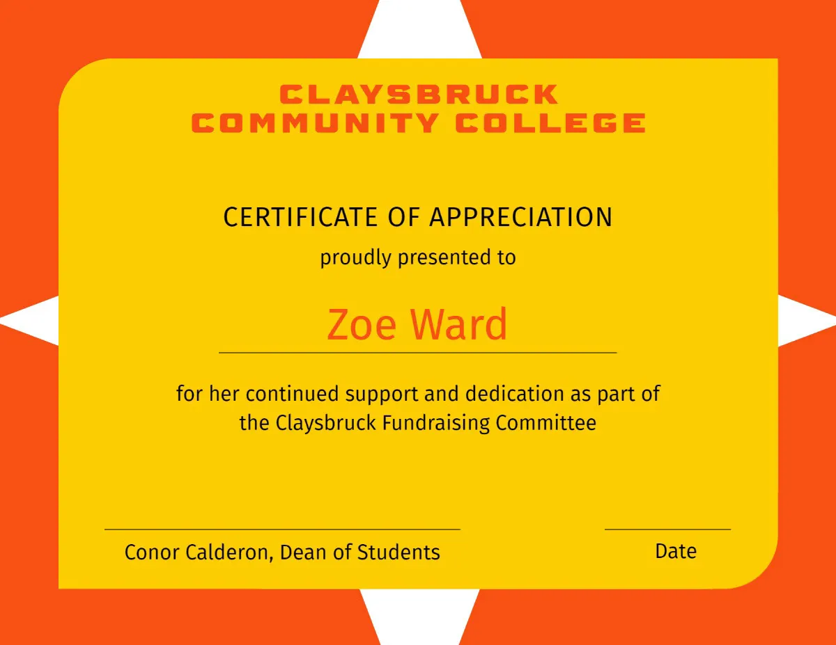 Orange Yellow Community College Certificate of Appreciation