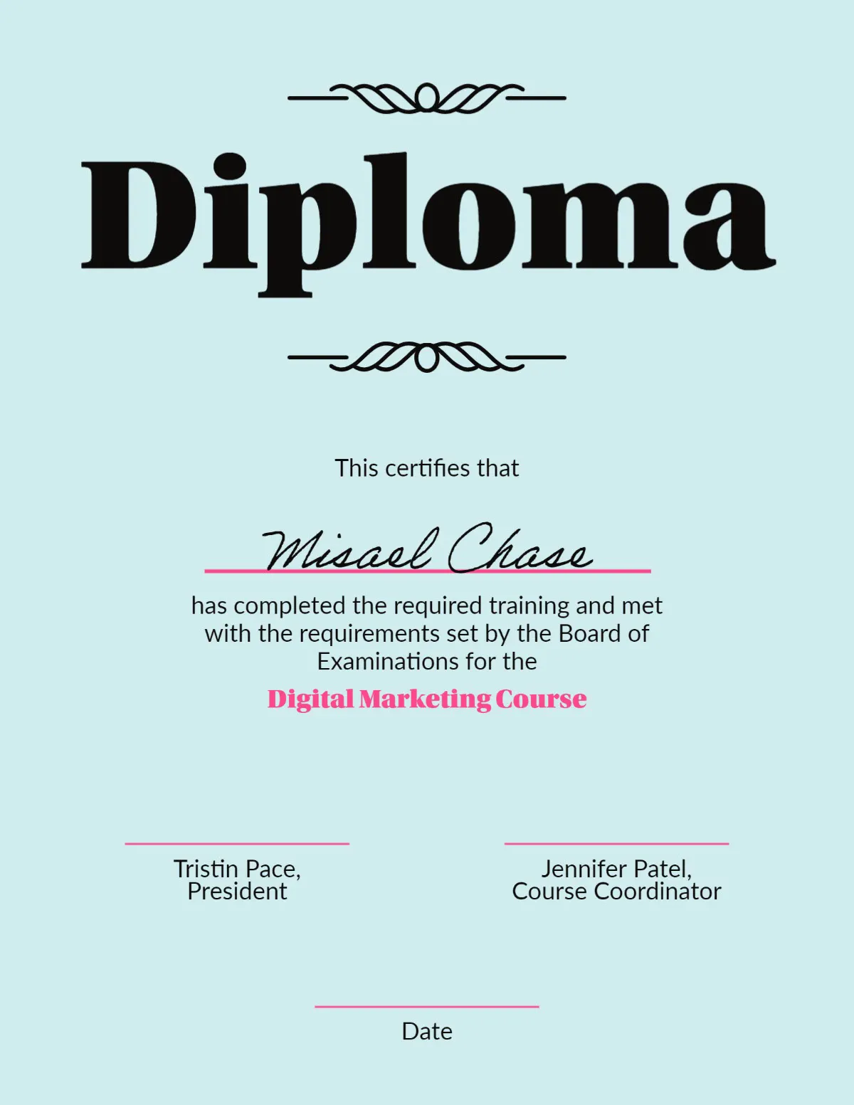 Pink, Black & Blue Minimal Diploma Certificate