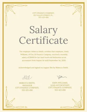 Gold and Beige, Light Toned, Elegant Salary Certificate Document Salary Certificate 