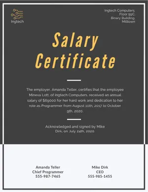 Gray and Yellow Salary Certificate Salary Certificate 