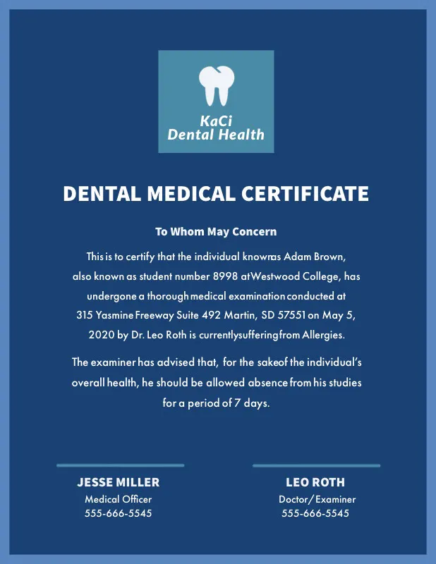Blue and White Dental Medical Certificate