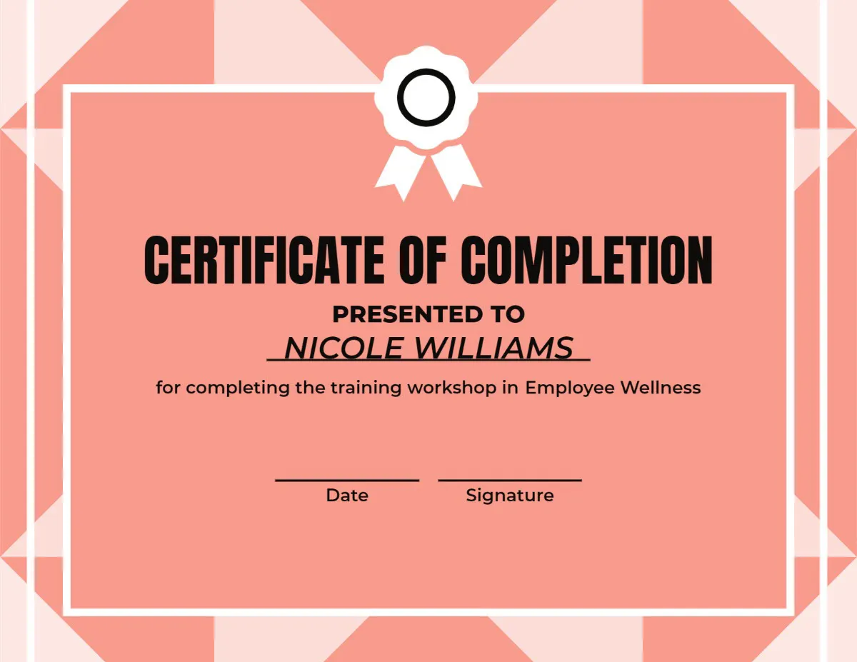 Pink & White Geometric Employee Wellness Certificate Of Completion