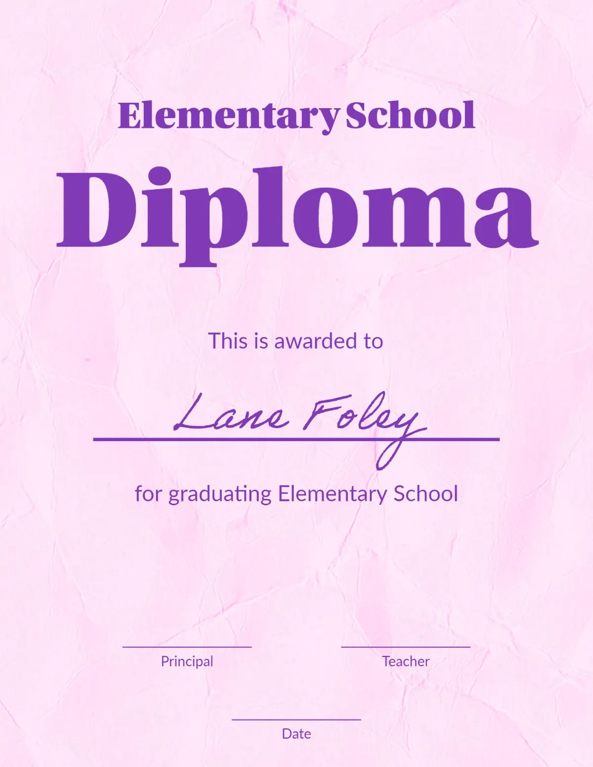 Purple Textured Elementary School Certificate Diploma