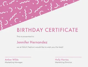 Pink Birthday Certificate with Confetti Birthday Certificate
