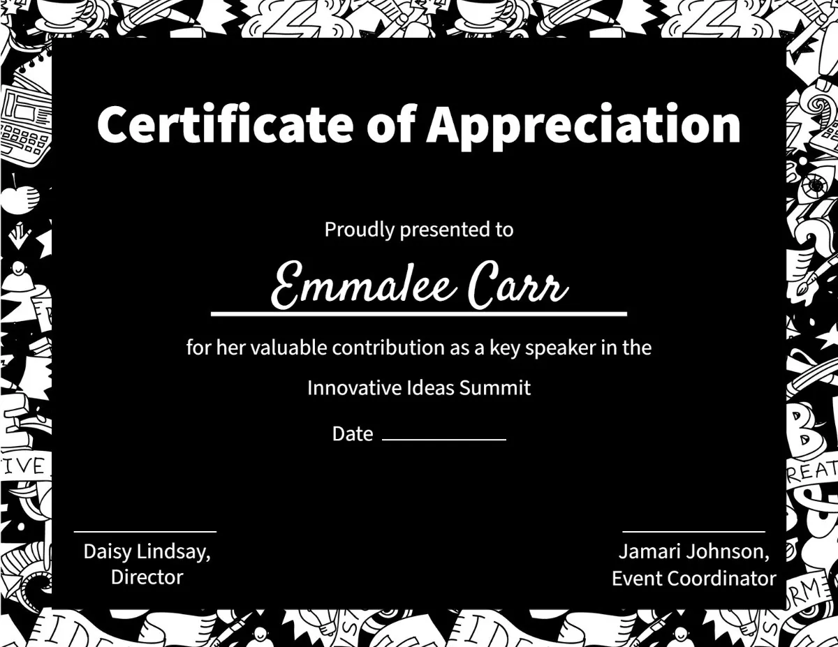Black & White Illustrated Idea Certificate of Appreciation