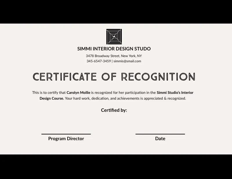 Black and White Interior Design Course Completion Certificate