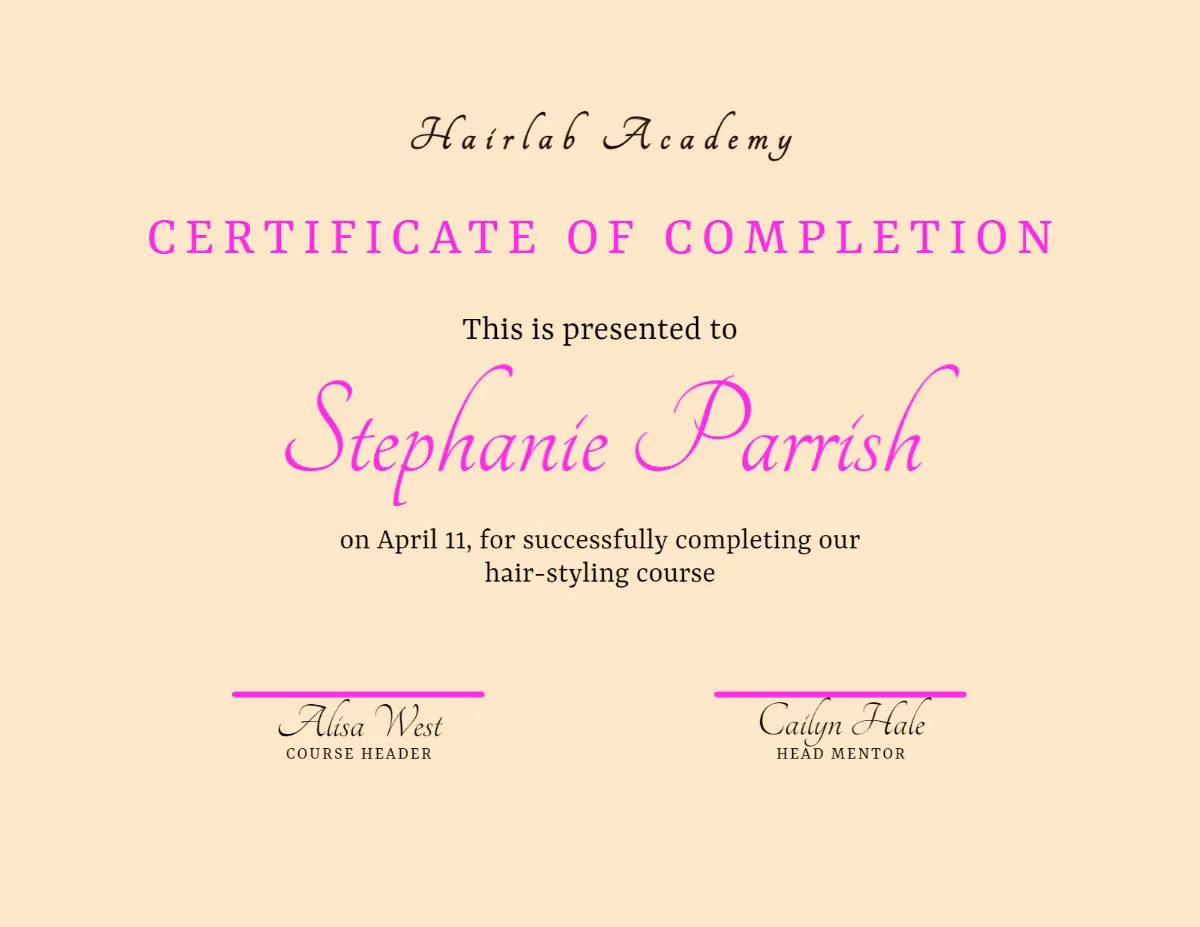 Iteration Pink & Orange Hairlab Academy certificate