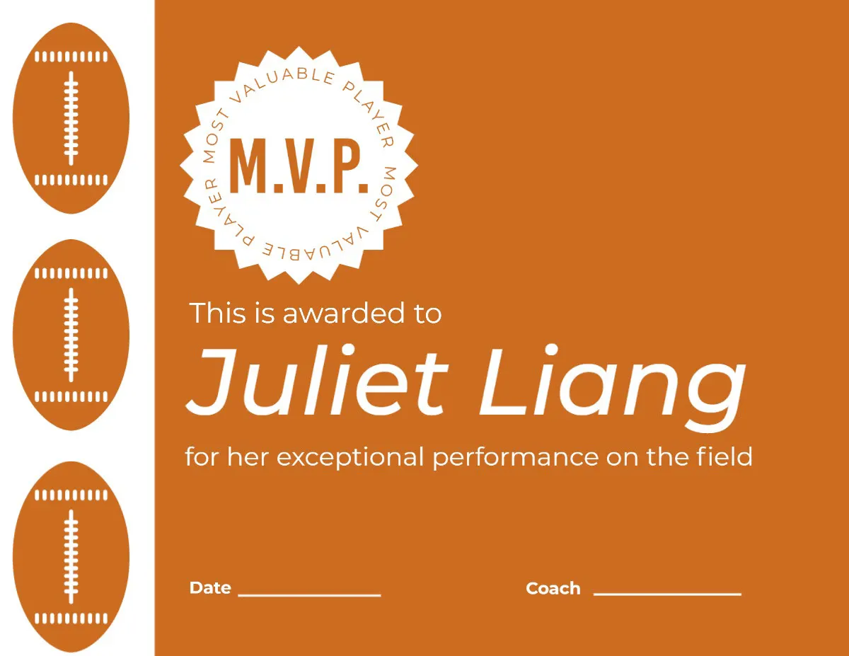Orange & White MVP Award Certificate