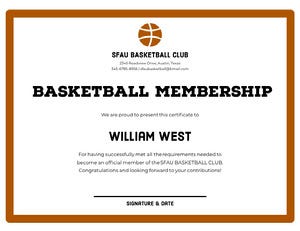 Brown Basketball Club Membership Certificate with Ball Certificate of Membership