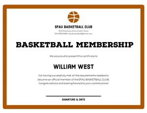 Brown Basketball Club Membership Certificate with Ball Diploma Certificate