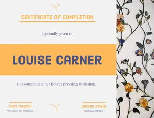 Orange and Blue Flower Pressing Workshop Certificate of Completion  Certificate of Completion 