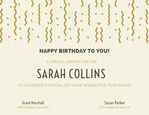 Gold Birthday Certificate from Friends with Confetti Birthday Certificate