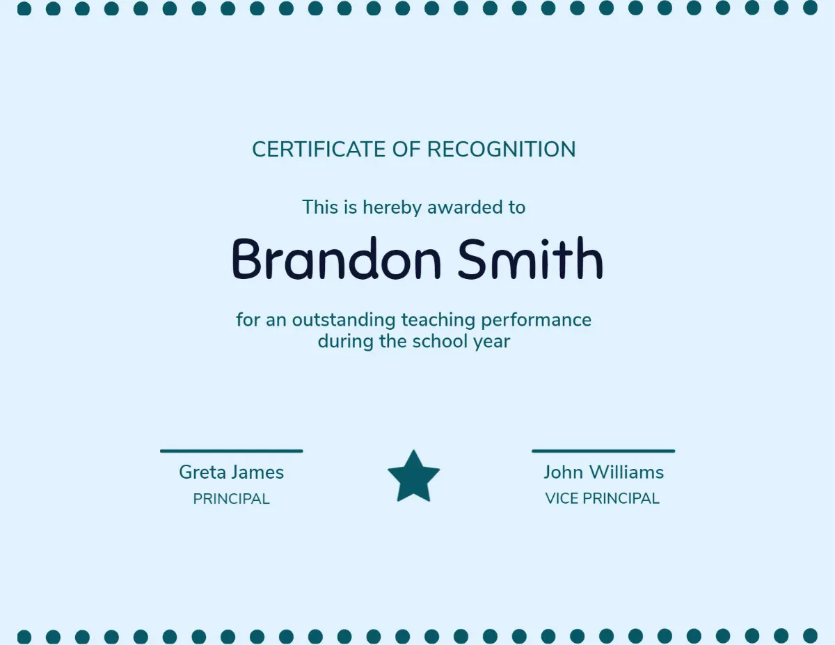 Iterations Blue Spot, Teaching Recognition Certificate