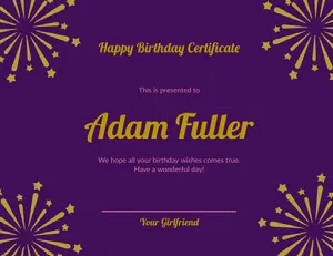 Purple and Gold Birthday Certificate from Girlfriend with Fireworks Birthday Certificate