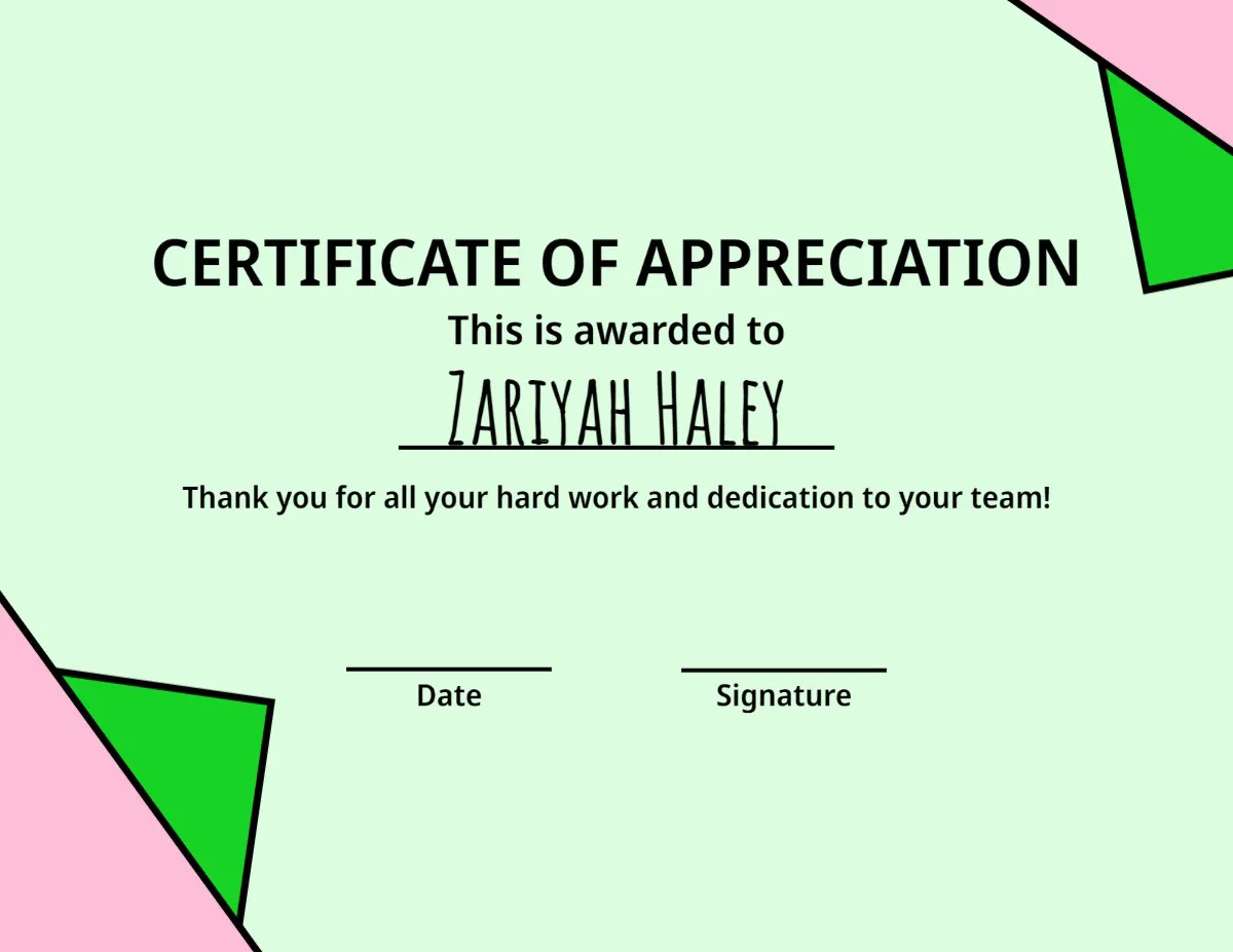 Green, Pink & Black Triangles Certificate of Appreciation