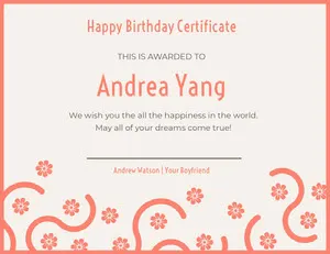 Orange Floral Birthday Certificate from Boyfriend Birthday Certificate