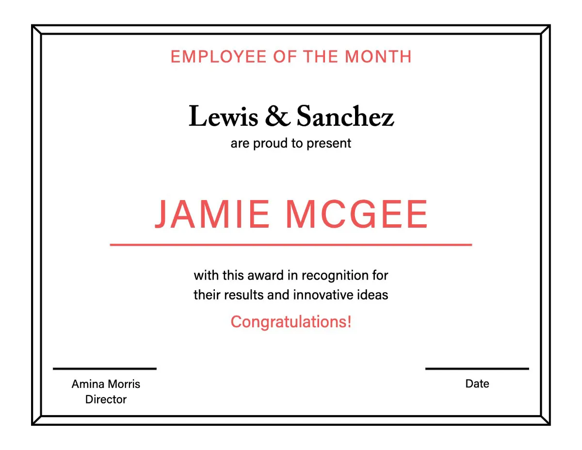 Black, White and Red Employee Of The Month Certificate