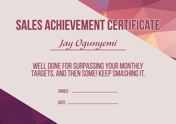 Pink & Purple Bold Geometric Sales Achievement Certificate