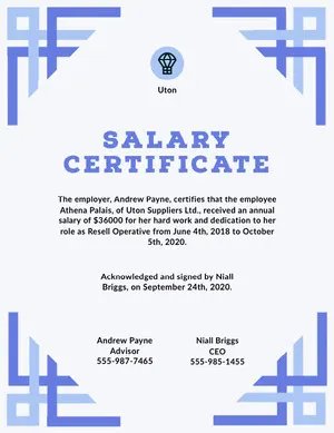 Blue Frame Business Salary Certificate Salary Certificate 
