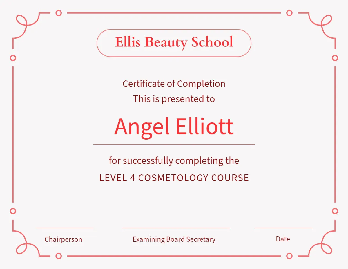 Pink Red Ornamental Frame Beauty School Certificate 
