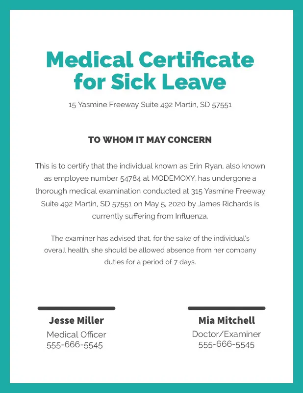 White and Blue Medical Certificate for Sick Leave