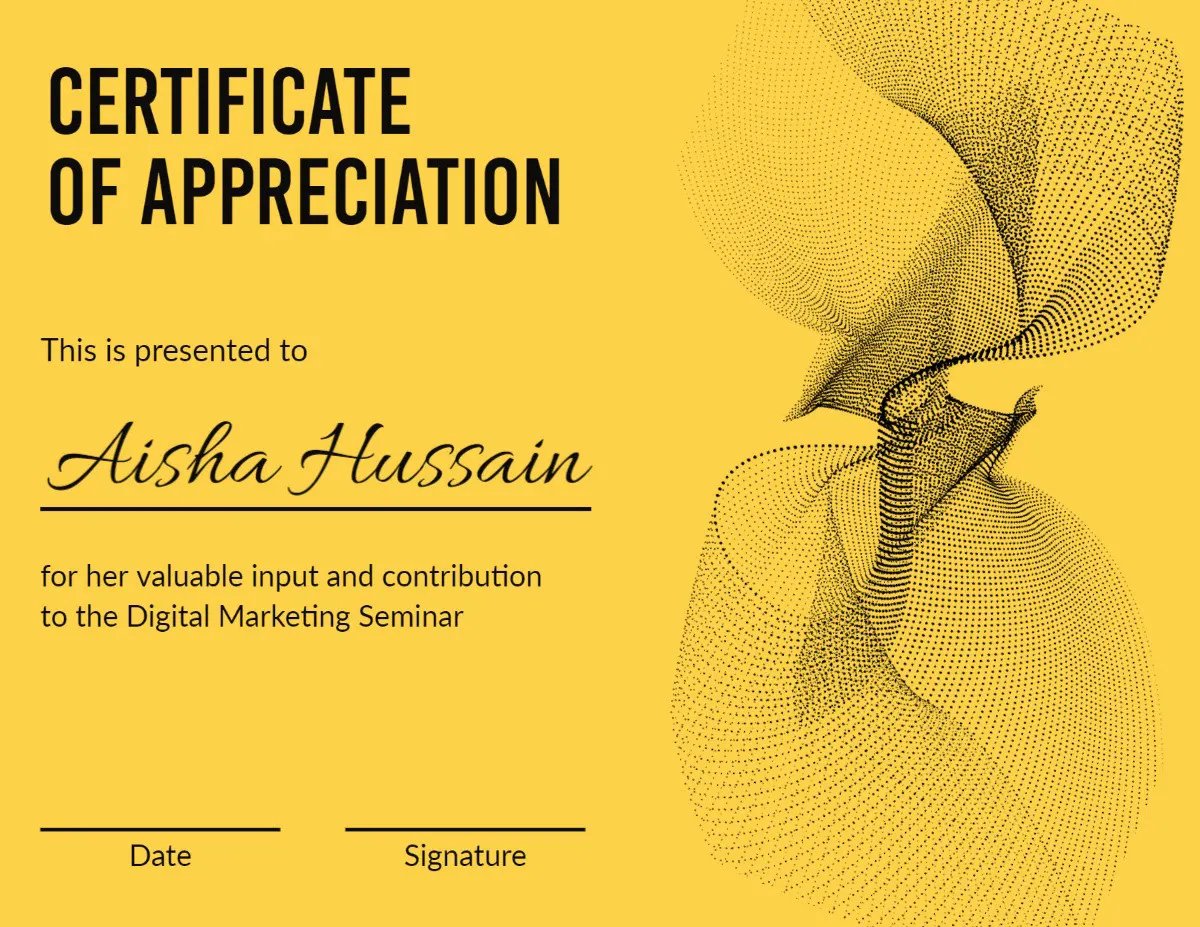 Yellow And Black Wave Certificate Of Appreciation