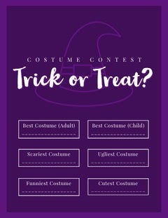 Violet and White Halloween Trick Or Treat Party Costume Card Halloween Costume Contest Card