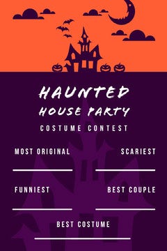 Purple and Orange Haunted House Halloween Party Best Costume Card Halloween Costume Contest Card