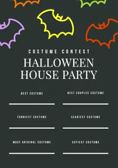 Black and Colorful Halloween Bat House Party Costume Card Halloween Costume Contest Card