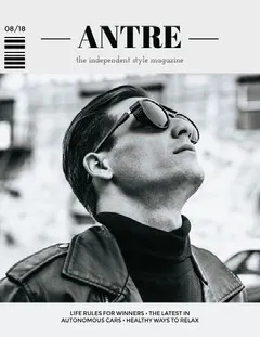 Black and White Fashion Magazine Cover with Male Model in Sunglasses and Leather Jacket Fashion Magazines Cover
