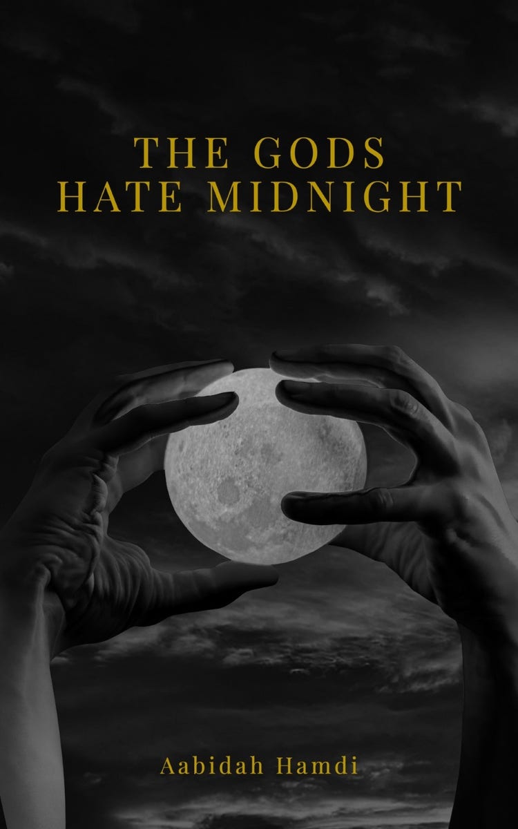 Gold and Black Hands Holding Moon Surreal Fantasy Book Cover