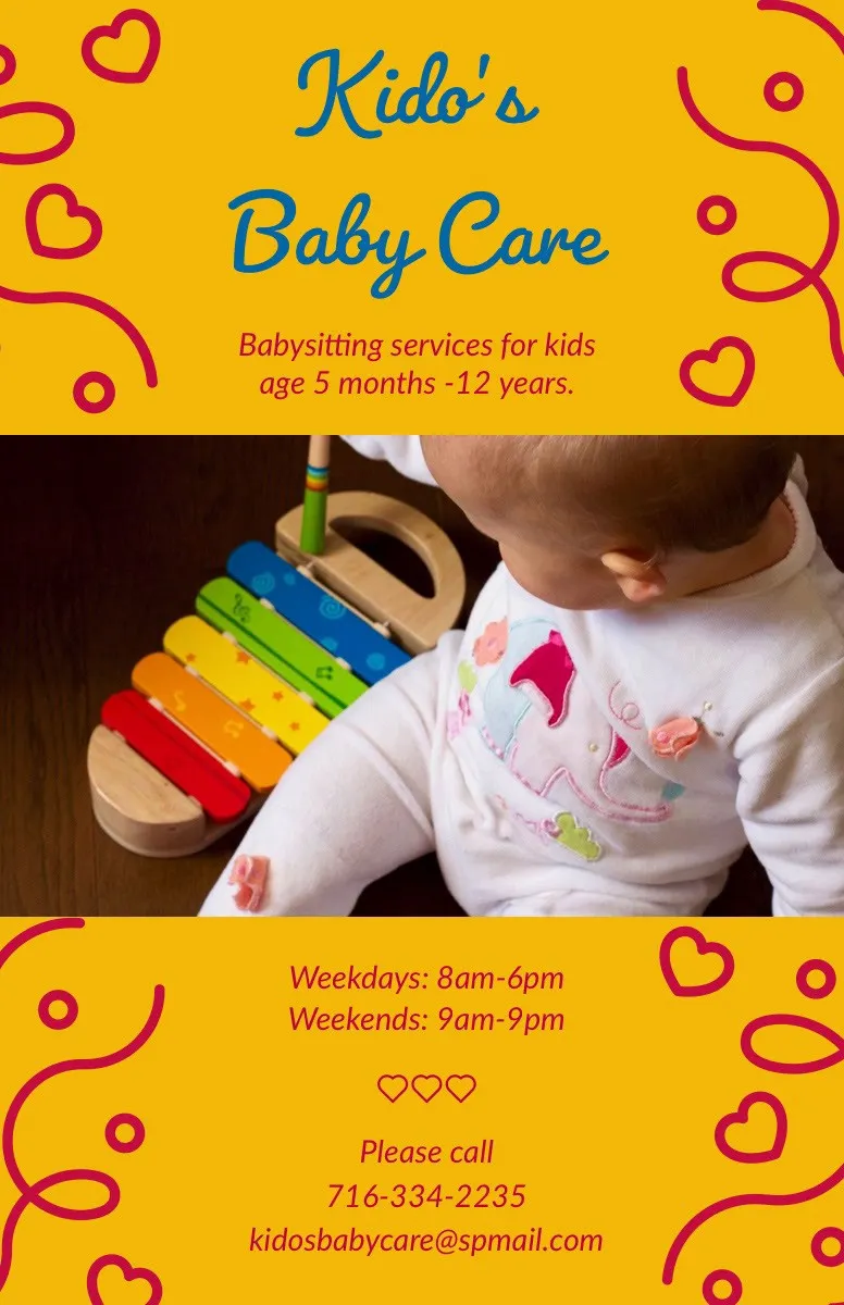 Yellow Babysitting Service Flyer with Photo of Playing Baby