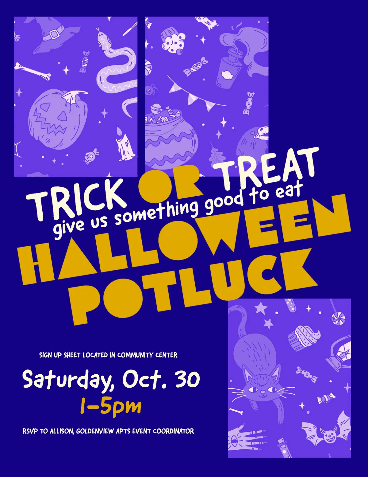 Purple Halloween Potluck Event Flyer