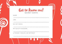 red white get to know me Christmas secret Santa postcard Secret Santa