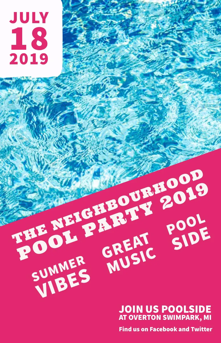 Blue White and Pink Neighbourhood Pool Party Flyer