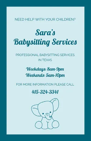 Blue Illustrated Babysitting Service Flyer with Elephant Babysitting Flyer