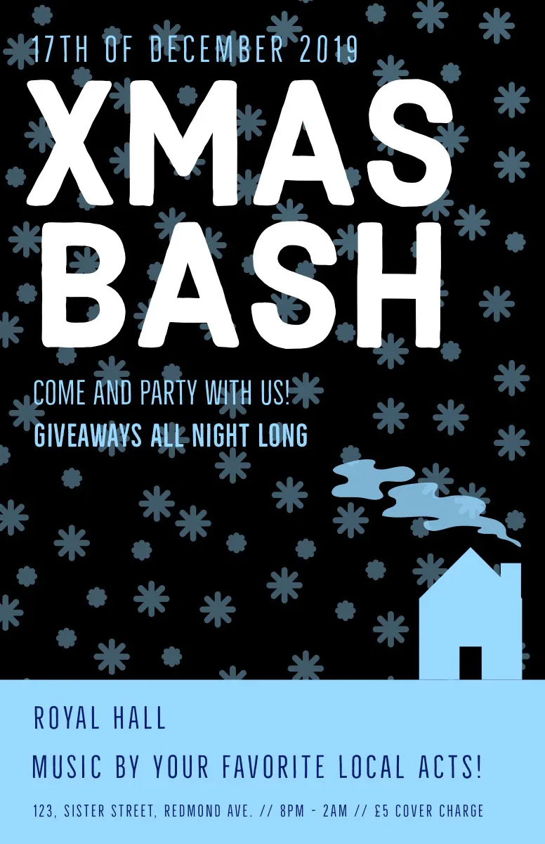 Blue Christmas Party Flyer with Snowflakes and House
