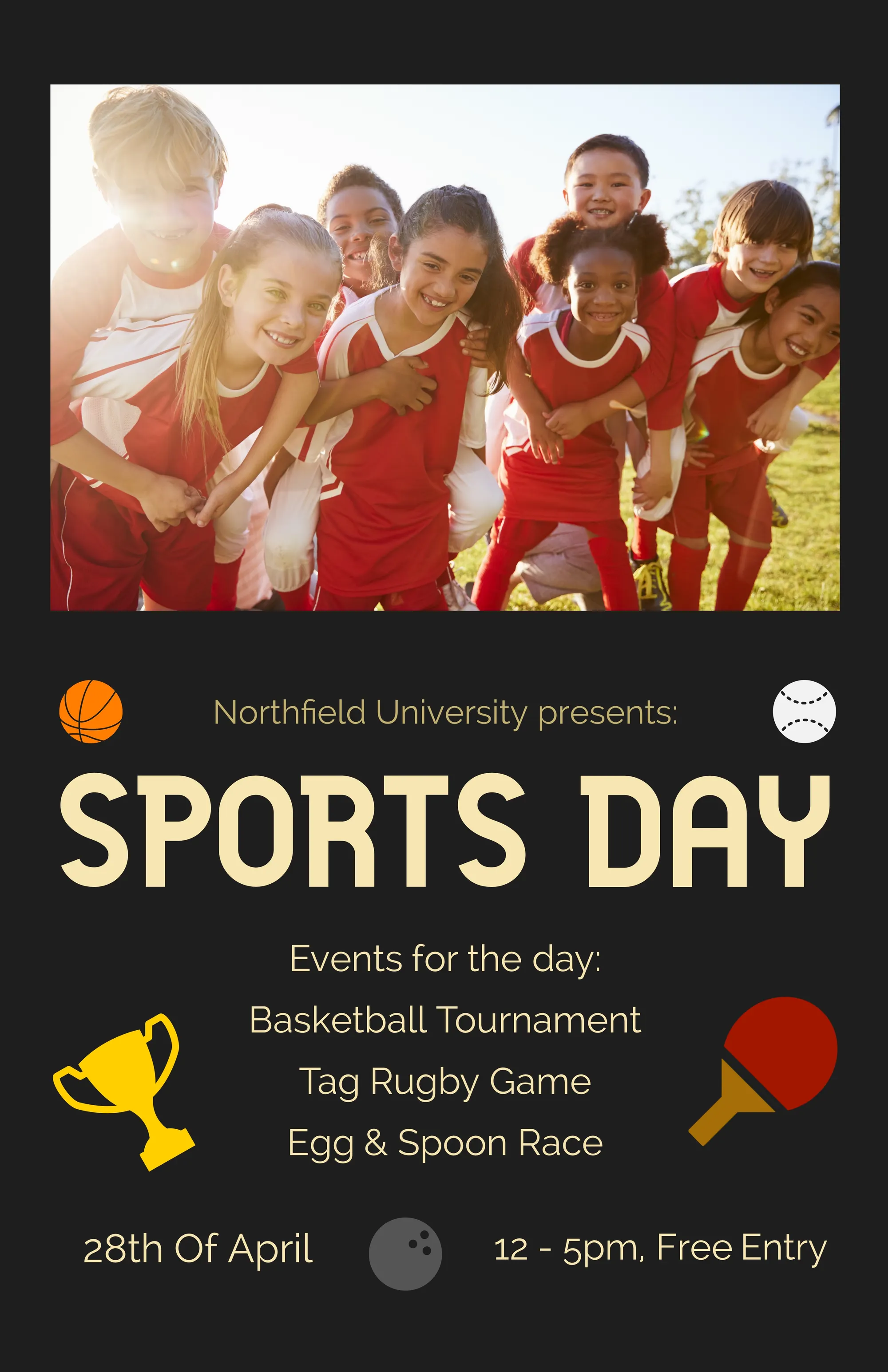 Black and Yellow University Sports Day Event Poster with Children