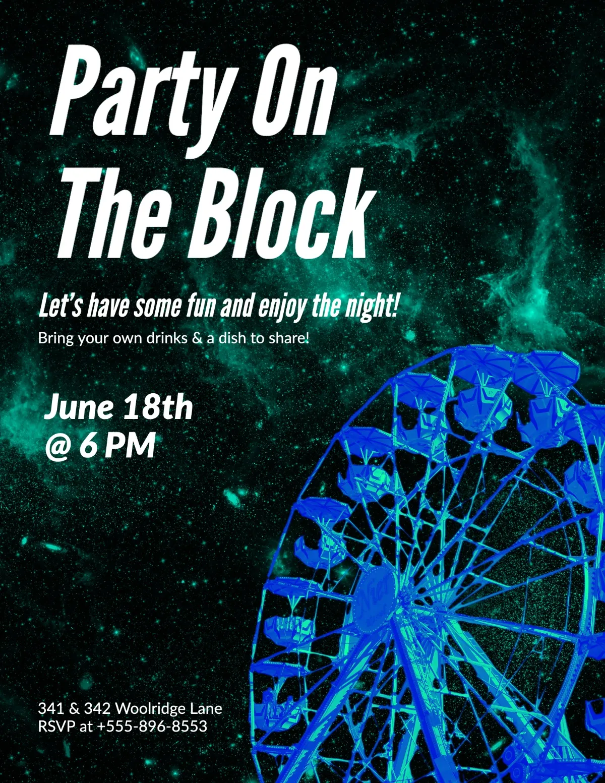 Blue green black Space Block Party carousel flyer 