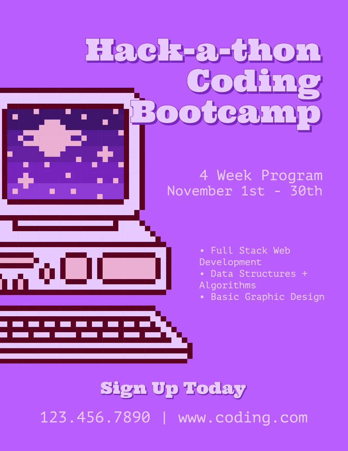 Purple 8bit Coding Bootcamp Flyer