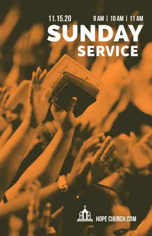 Orange Sunday Service Church Flyer with Hand Holding Bible Church Flyer
