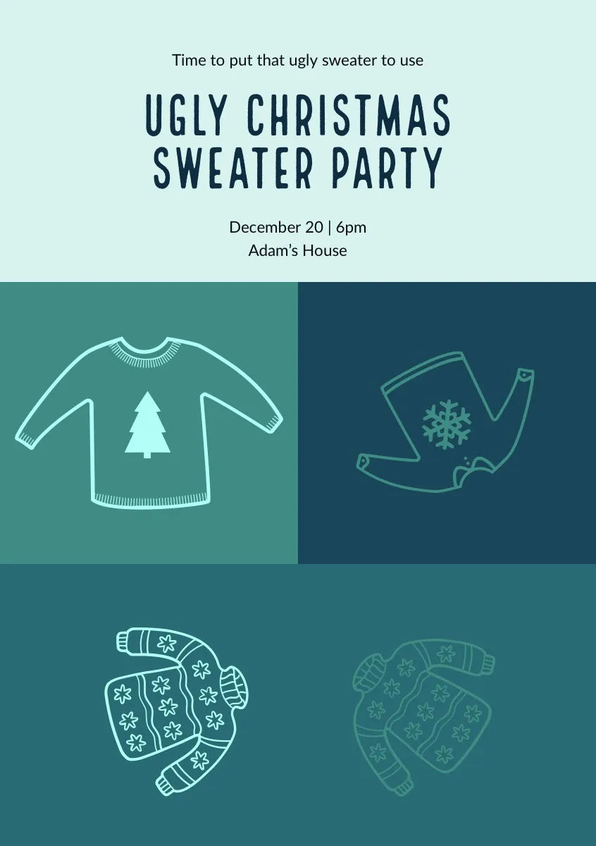 Blue and Black Ugly Christmas Sweater Party Invitation