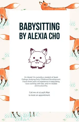 White With Foxes Graphic Babysitter Flyer Babysitting Flyer