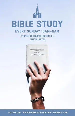 Blue Bible Study Church Flyer with Hand Holding Bible Church Flyer