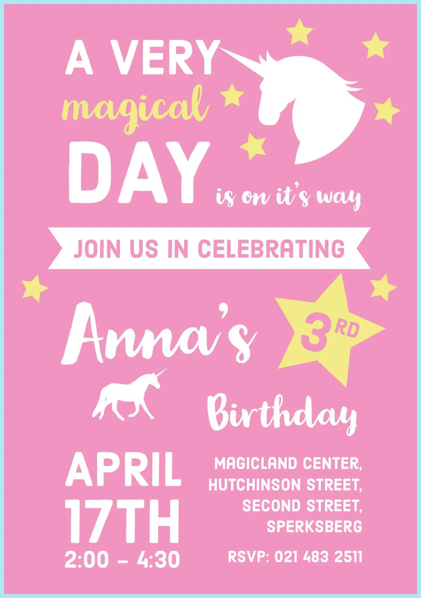 Pink Unicorn Girl's Birthday Party Invitation Card
