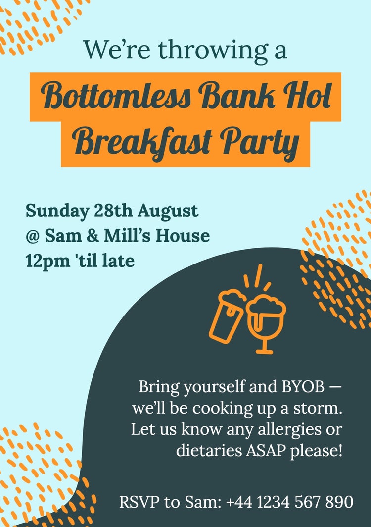 Blue Orange & Turquoise Bottomless Bank Holiday Breakfast Party A5 Invitation