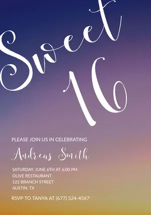 Sunset Colors Calligraphy Sweet Sixteen Birthday Invitation Card Sweet 16 Invitation