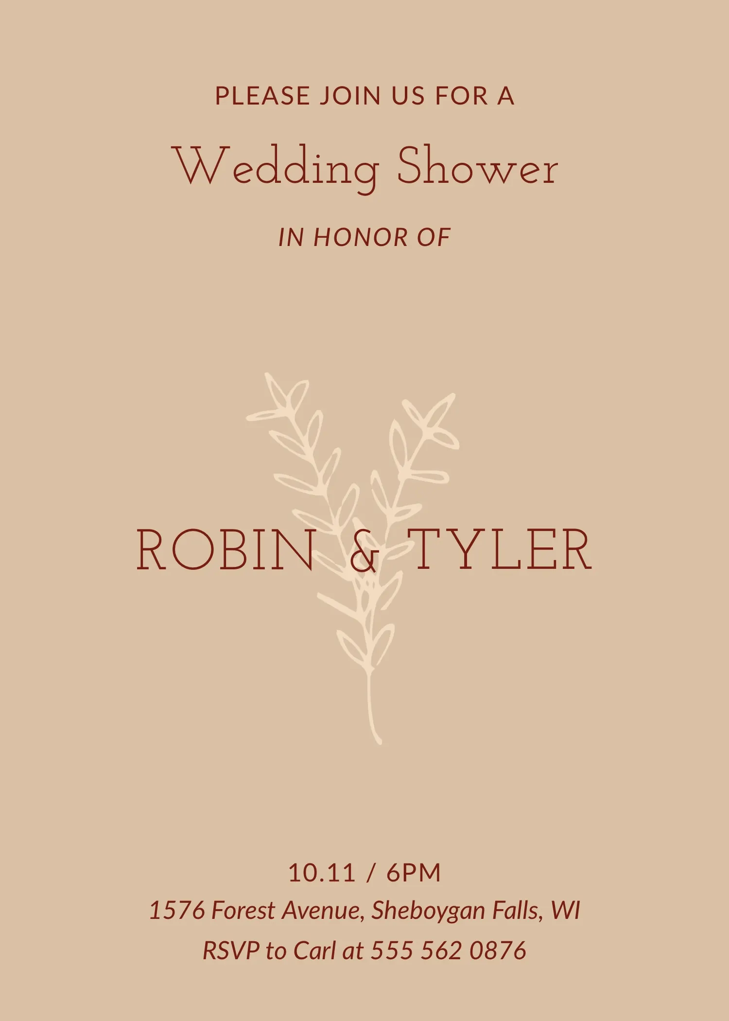 Set Beige Foliage Branch Wedding Shower Invitation
